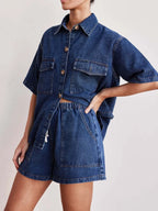 Button Up Short Sleeve Top and Shorts Denim Set - Women / Jeans & Denim by Trendsi | Available at Handbags Specialist Headquarter