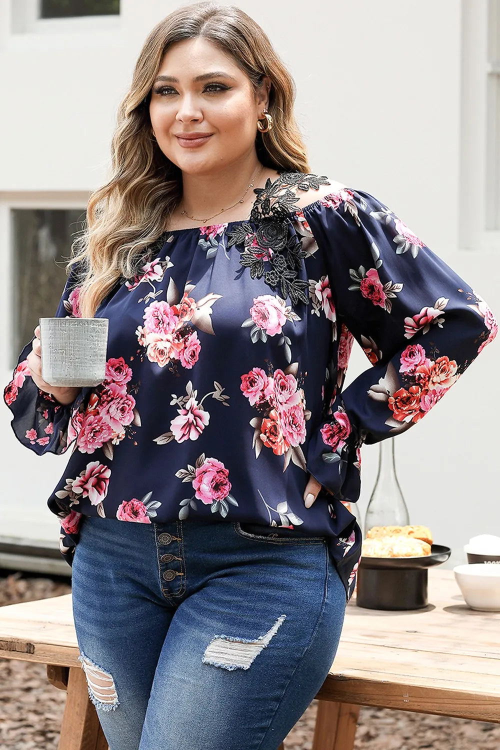 Plus Size Floral Flounce Sleeve Blouse - Plus Size Shirts by Trendsi | Available at Handbags Specialist Headquarter