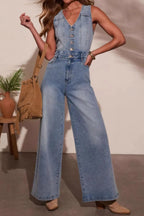V-neck Wide Leg Denim Jumpsuit - Women / Jeans & Denim by Trendsi | Available at Handbags Specialist Headquarter