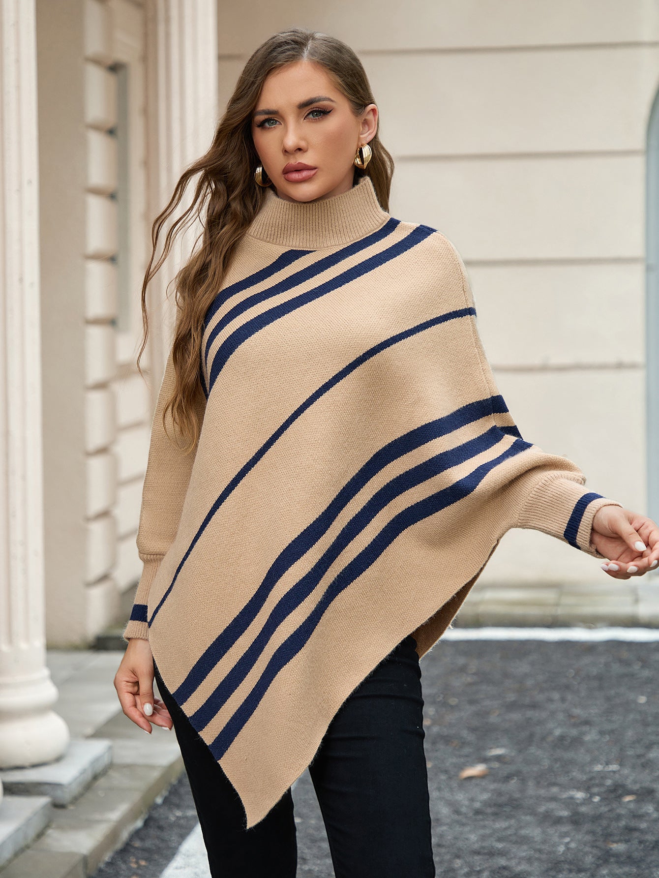 StripeBat Shawl: Half Turtleneck Pullover Sweater - Women's Sweatshirt by Trendsi | Available at Handbags Specialist Headquarter