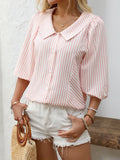 Striped Button Down 3/4 Sleeve Shirt - Women's Down Shirt Tops by Trendsi | Available at Handbags Specialist Headquarter