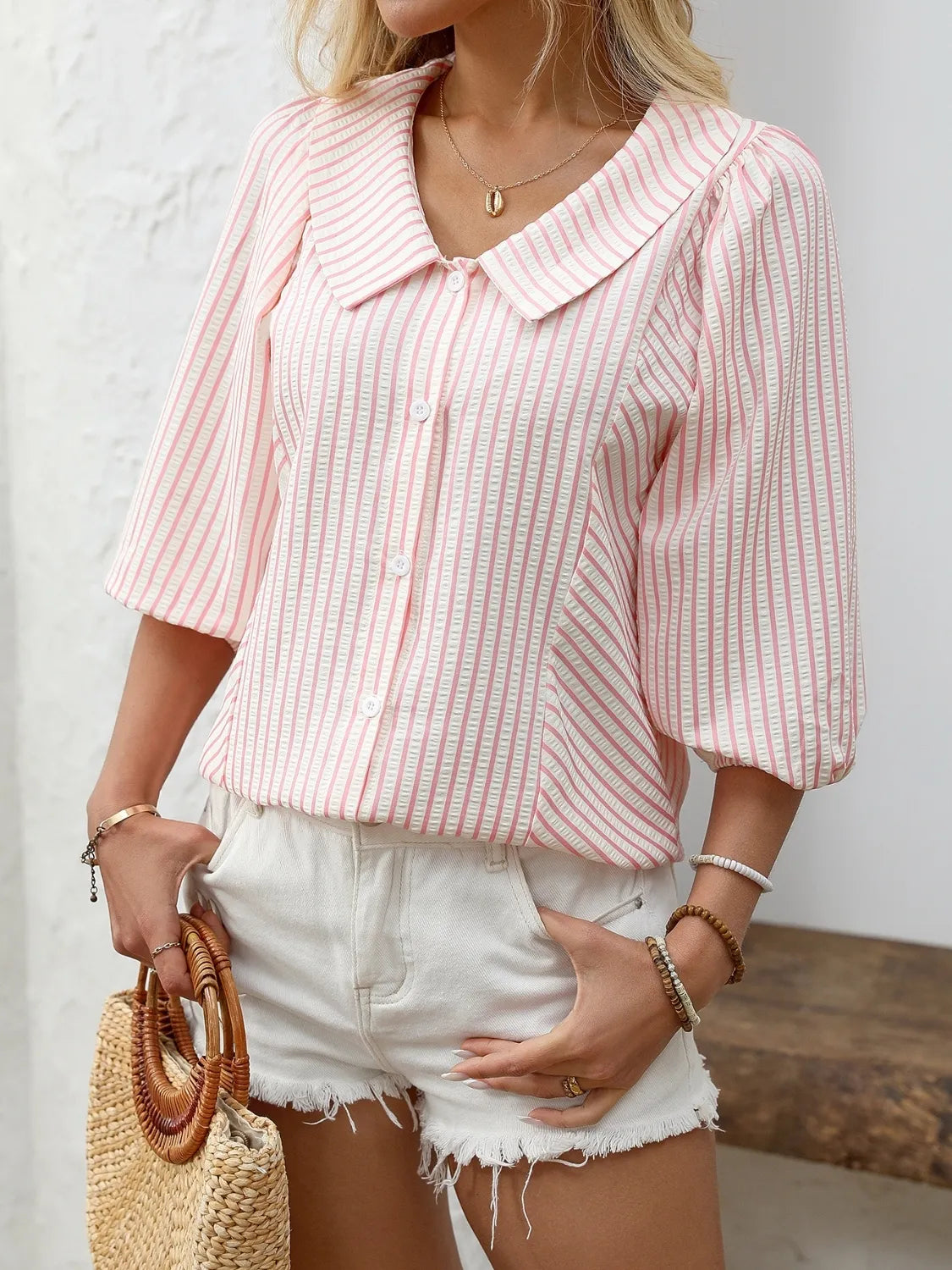Striped Button Down 3/4 Sleeve Shirt - Women's Down Shirt Tops by Trendsi | Available at Handbags Specialist Headquarter
