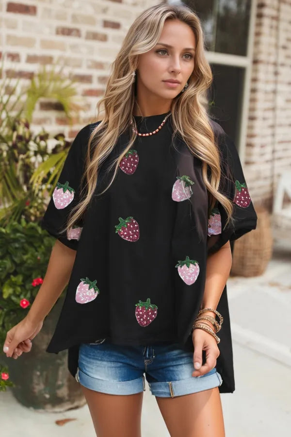 Sequin Strawberry High Low Half Sleeve Relaxed Fit T-Shirt - Tops by Trendsi | Available at Handbags Specialist Headquarter