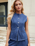 Button-Front Denim Vest Top - Women / Jeans & Denim by Trendsi | Available at Handbags Specialist Headquarter