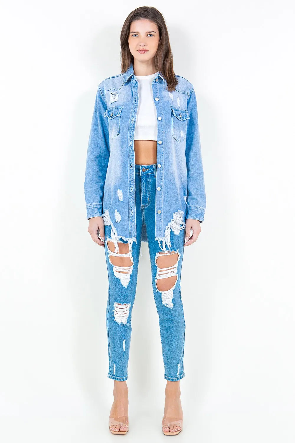 American Bazi Frayed Hem Distressed Denim Shirt Jacket - Women / Jeans & Denim by Trendsi | Available at Handbags Specialist Headquarter