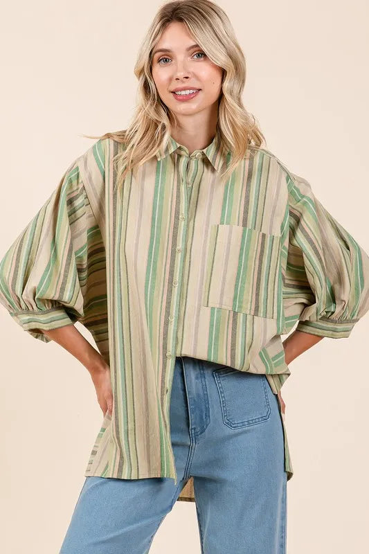 Mittoshop Striped Bubble Sleeve Button Down Shirt - Women's Down Shirt Tops by Trendsi | Available at Handbags Specialist Headquarter