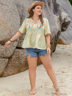 Plus Size Printed Tie Neck Half Sleeve Blouse - Plus Size Shirts by Trendsi | Available at Handbags Specialist Headquarter