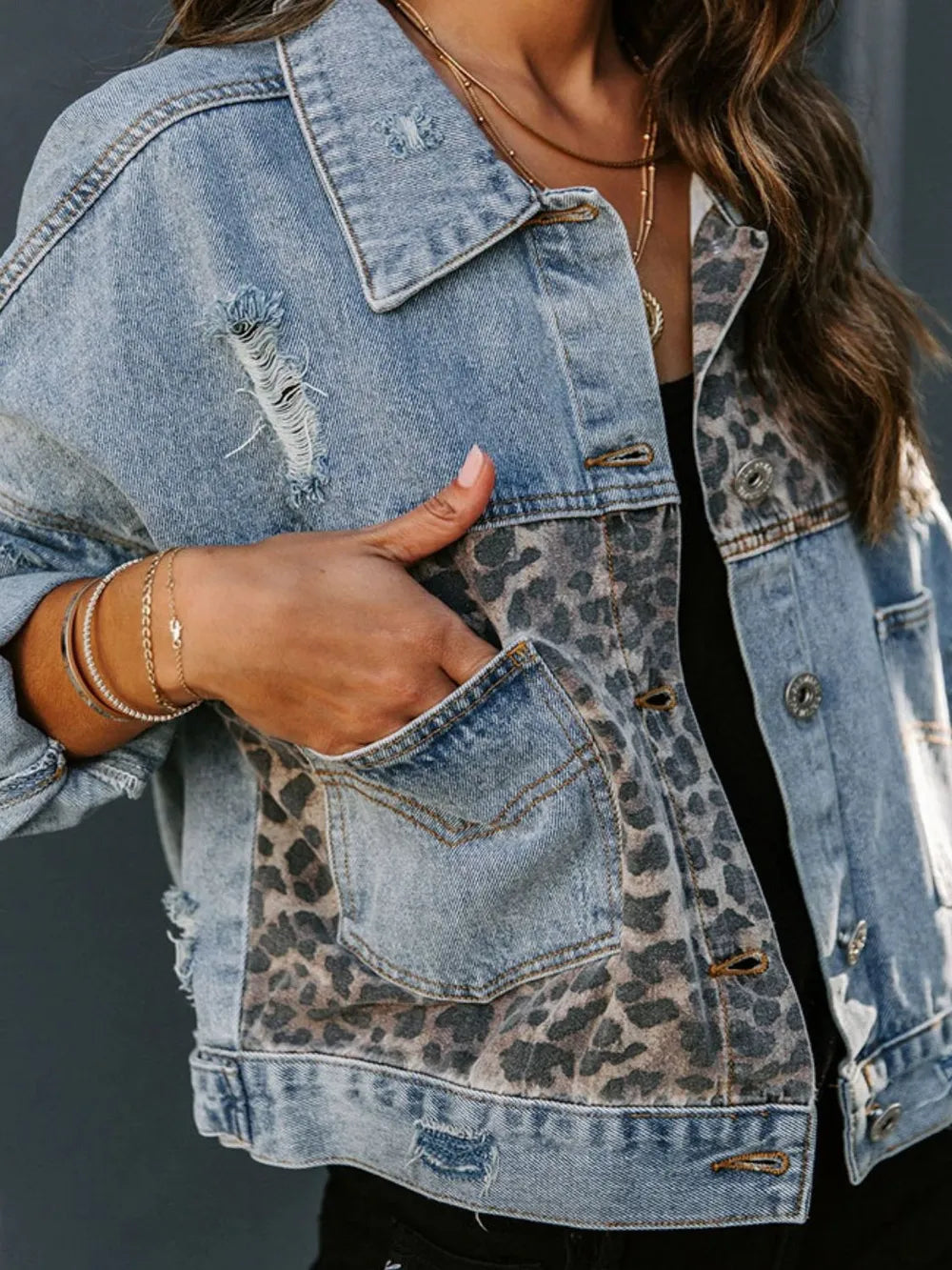 Distressed Leopard Drop Shoulder Denim Jacket - Women / Jeans & Denim by Trendsi | Available at Handbags Specialist Headquarter