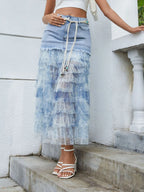 Tiered Ruffle Denim Patchwork Skirt - Tops by Trendsi | Available at Handbags Specialist Headquarter