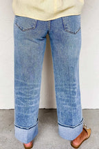 High-Waisted Wide-Leg Cuffed Jeans - Women / Jeans & Denim by Trendsi | Available at Handbags Specialist Headquarter