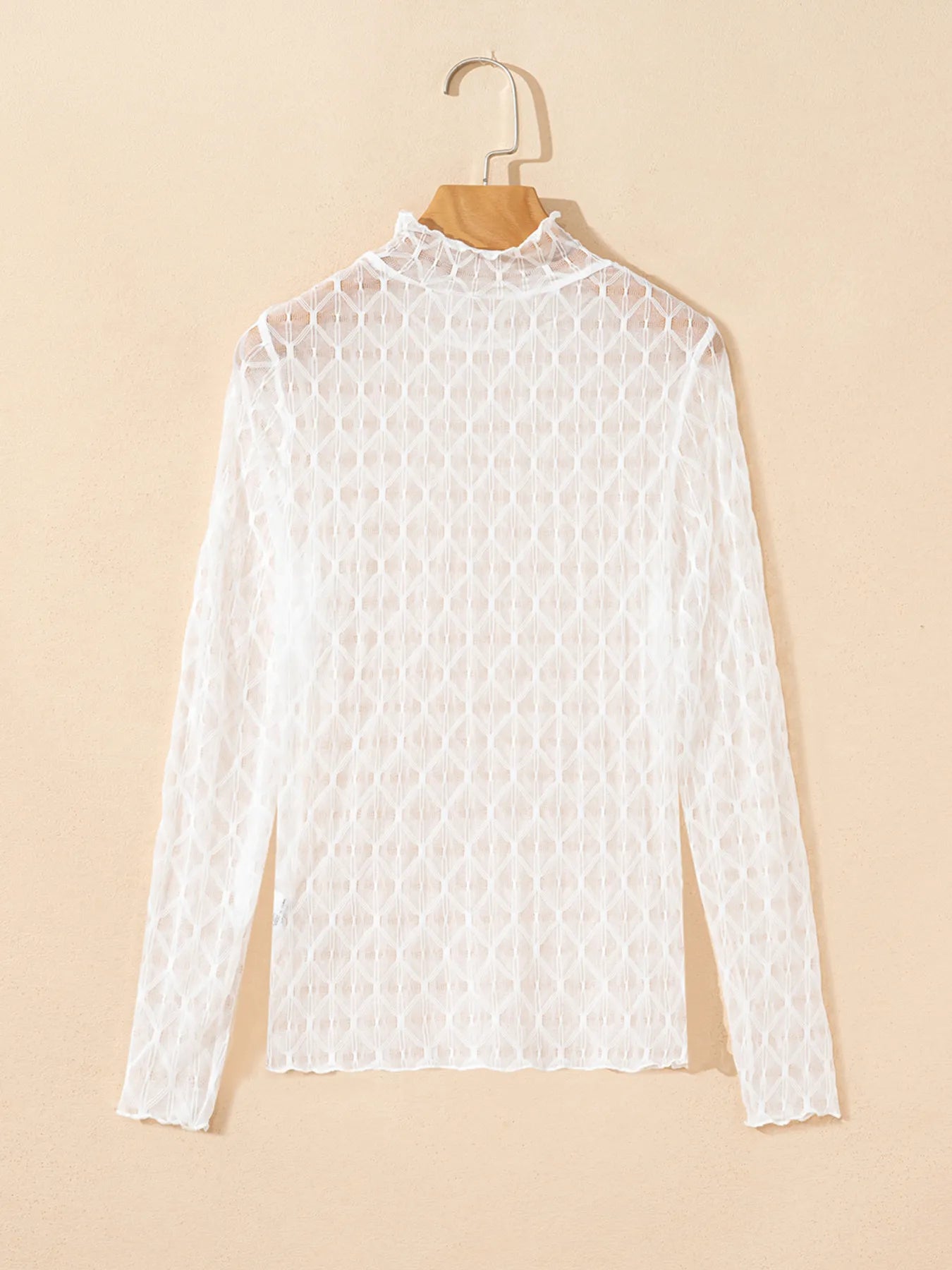 Sheer Mesh Patterned Lettuce Trim Slim Long Sleeve Top - Tops by Trendsi | Available at Handbags Specialist Headquarter