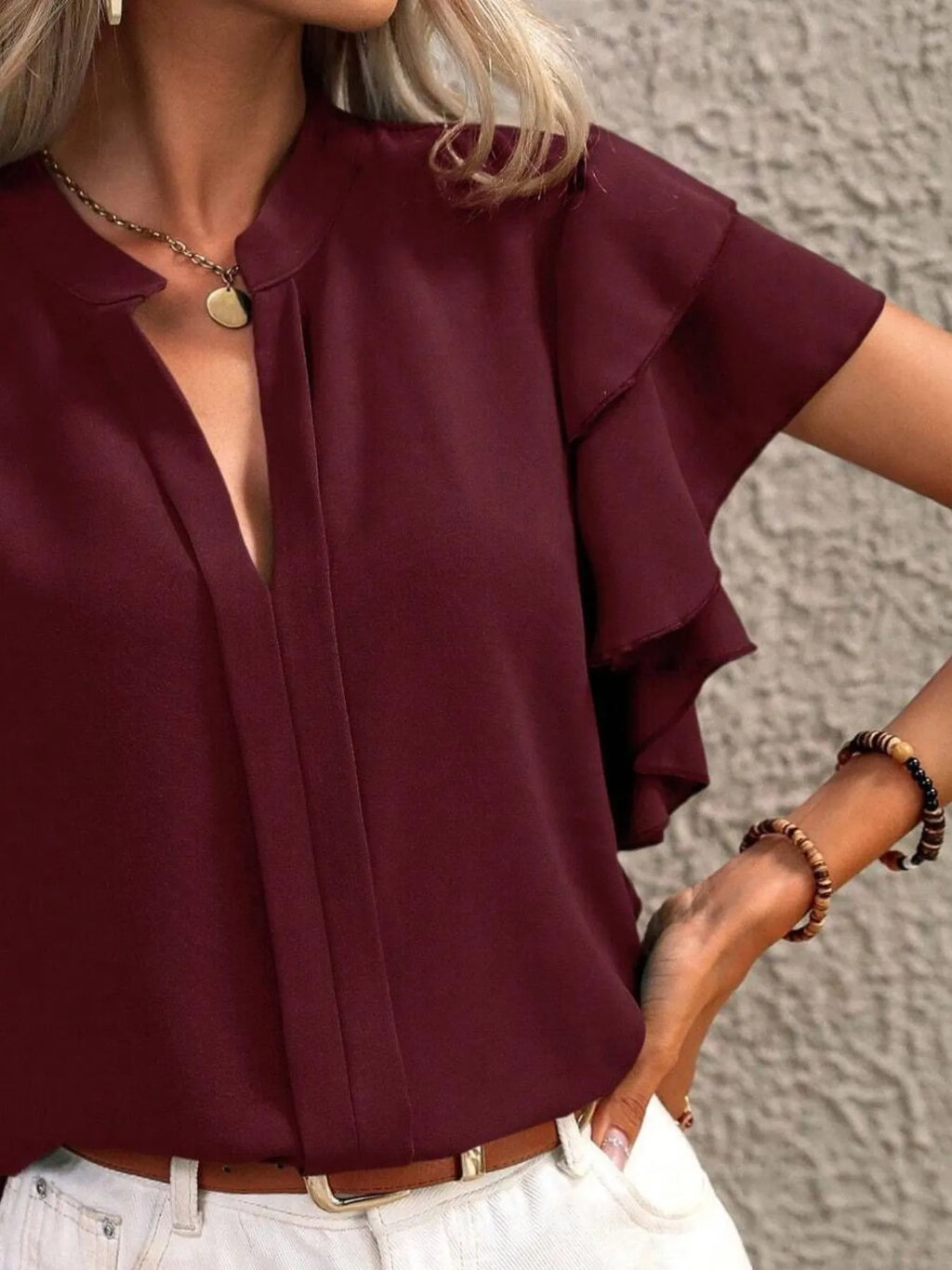 Ruffle Sleeve Notched Blouse - Tops by Trendsi | Available at Handbags Specialist Headquarter