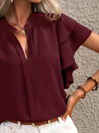 Ruffle Sleeve Notched Blouse - Tops by Trendsi | Available at Handbags Specialist Headquarter