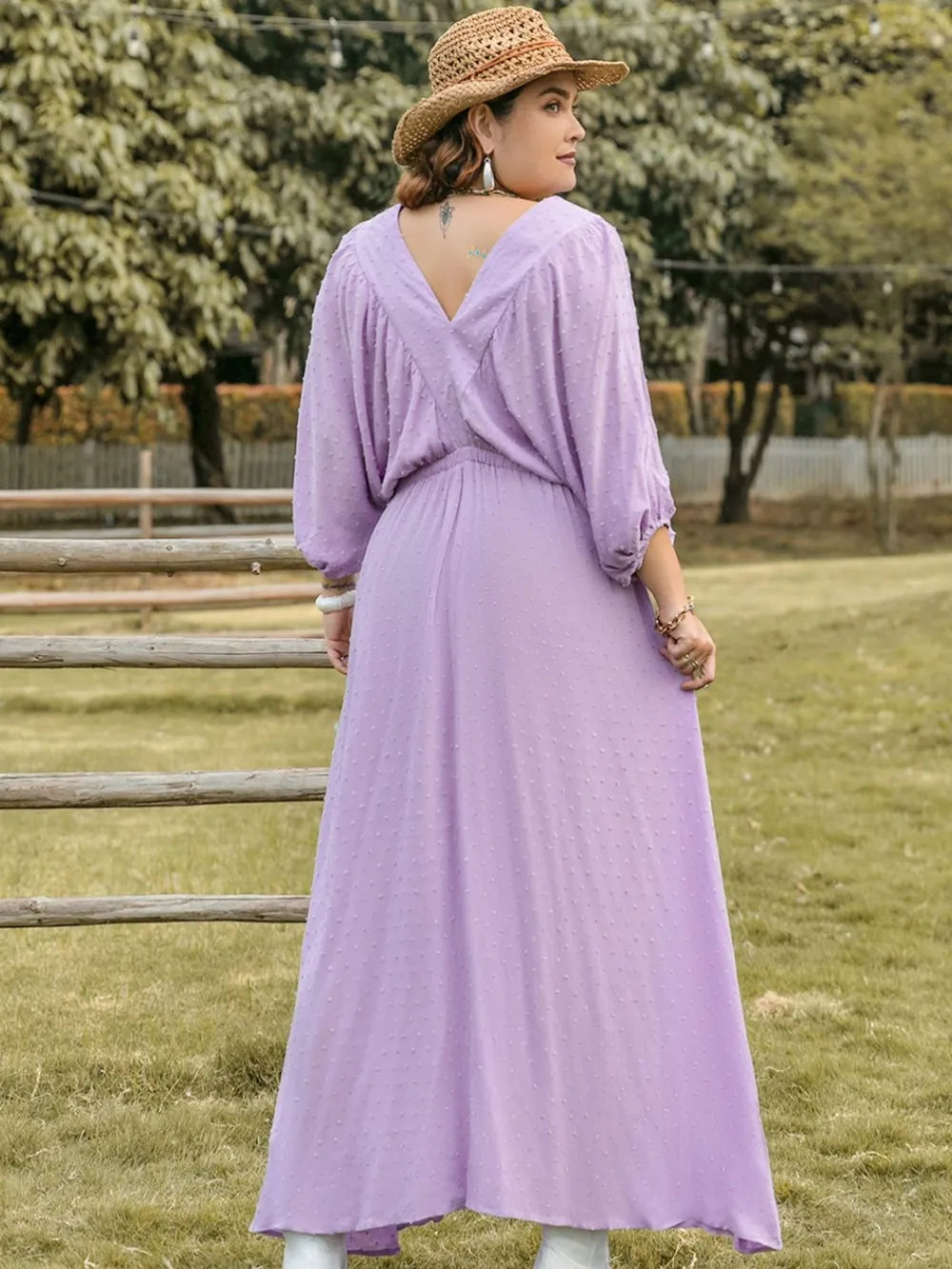 Plus Size Swiss Dot V-Neck Midi Dress - Dresses by Trendsi | Available at Handbags Specialist Headquarter