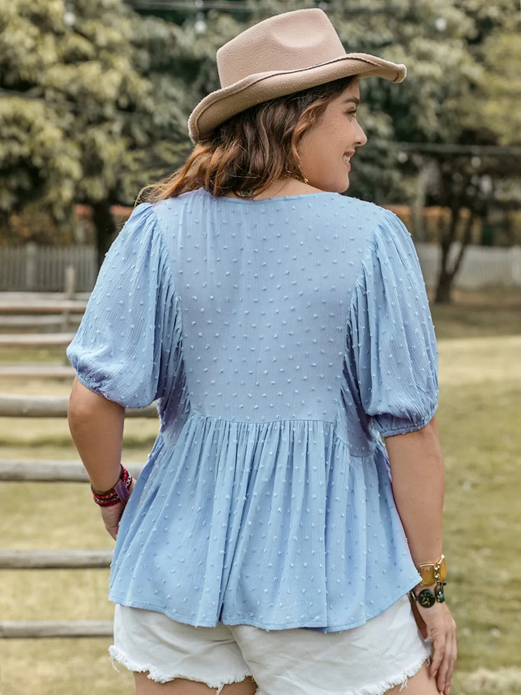 Plus Size Swiss Dot Tie Neck Short Sleeve Blouse - Plus Size Shirts by Trendsi | Available at Handbags Specialist Headquarter