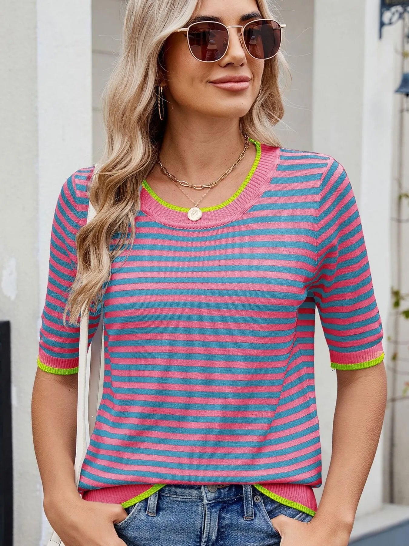 Striped Casual T-Shirt with Contrast Trim - Tops by Trendsi | Available at Handbags Specialist Headquarter