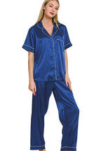 Zenana Satin Short Sleeve Top and Pants Pajama Set - Sleepwear by Trendsi | Available at Handbags Specialist Headquarter