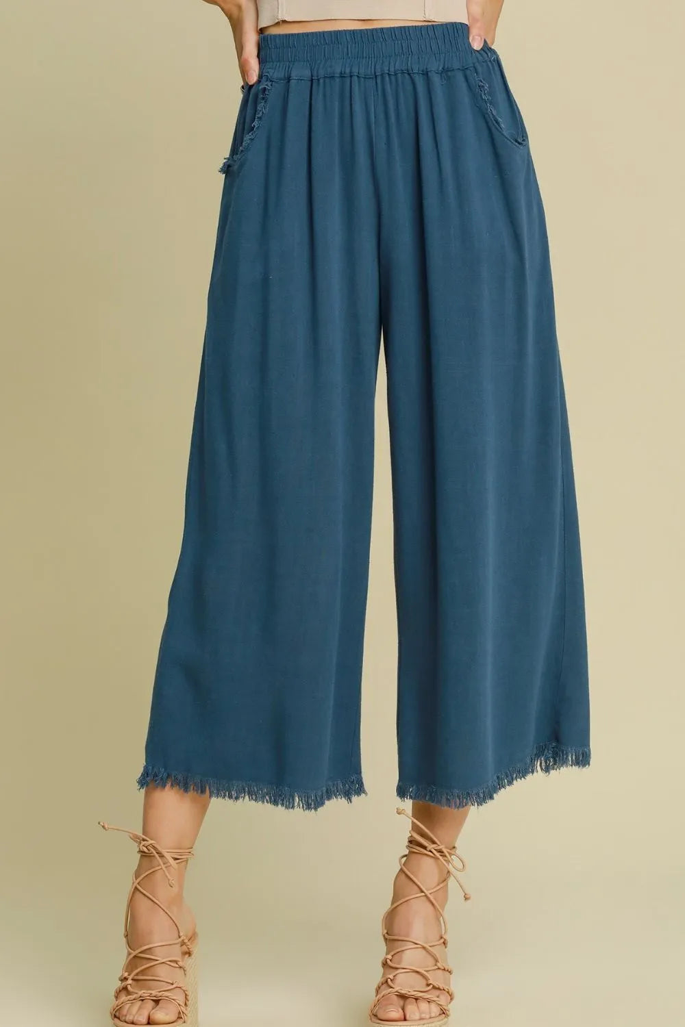 Umgee Full Size Linen Blend Elastic Waistband Wide Leg Pants Plus Size - Dresses by Trendsi | Available at Handbags Specialist Headquarter
