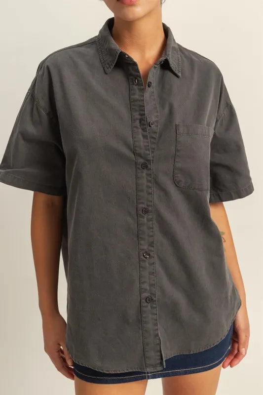 HYFVE Short Sleeve Button Down Oversized Shirt - Women's Down Shirt Tops by Trendsi | Available at Handbags Specialist Headquarter