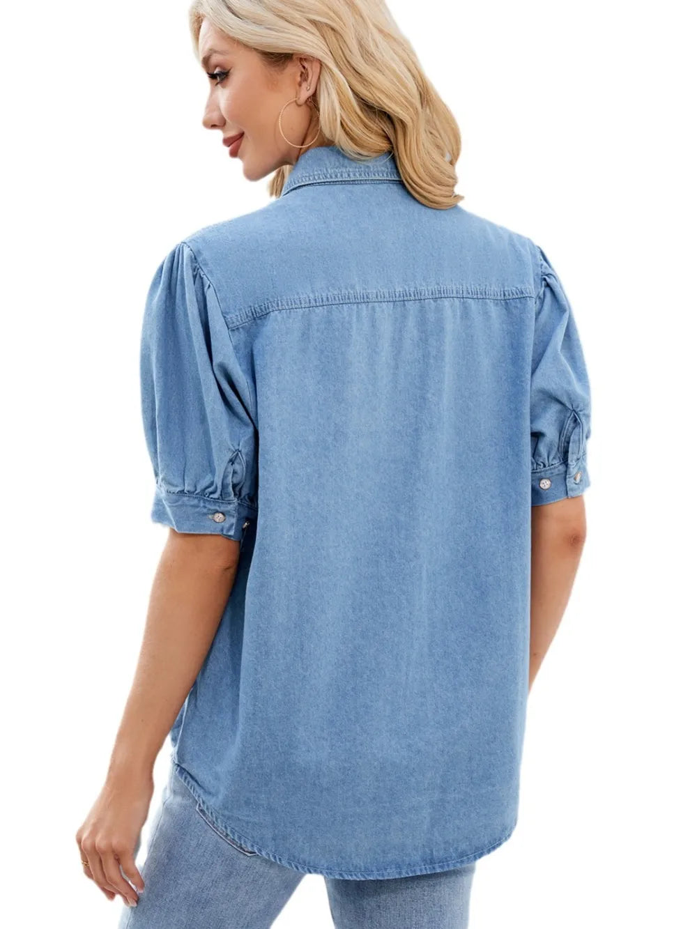 Collared Neck Button Up Denim Shirt - Women / Jeans & Denim by Trendsi | Available at Handbags Specialist Headquarter