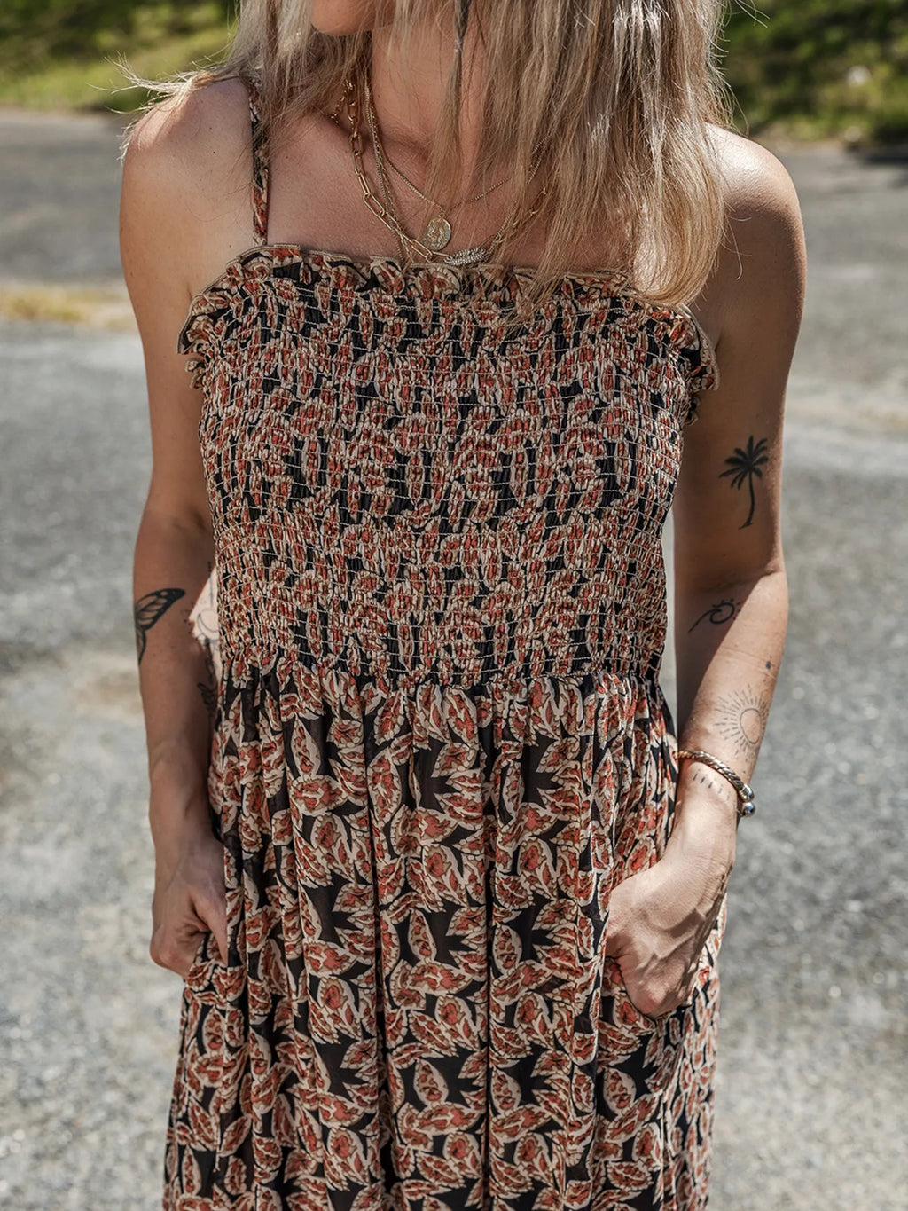 Printed Smocked Bodice Maxi Dress - Maxi Dress by Trendsi | Available at Handbags Specialist Headquarter