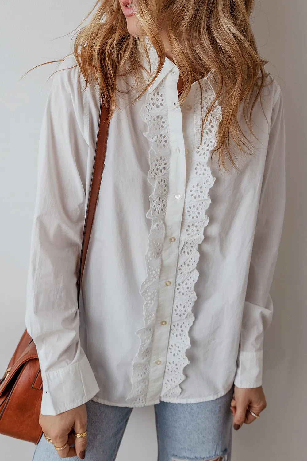 Eyelet Button Down Long Sleeve Shirt - Women's Down Shirt Tops by Trendsi | Available at Handbags Specialist Headquarter
