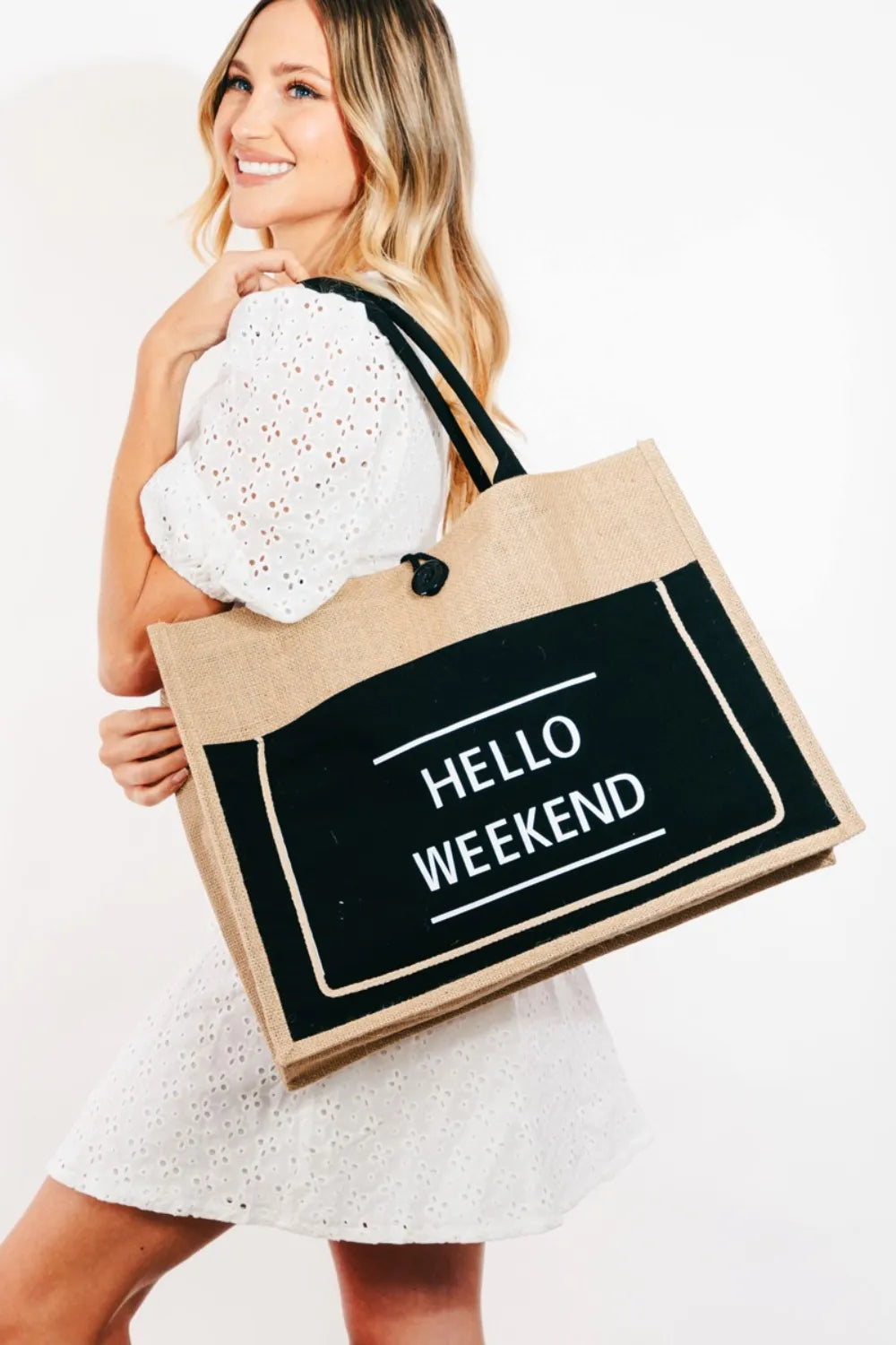 Fame Hello Weekend Burlap Tote Bag - Tote Bag by Trendsi | Available at Handbags Specialist Headquarter