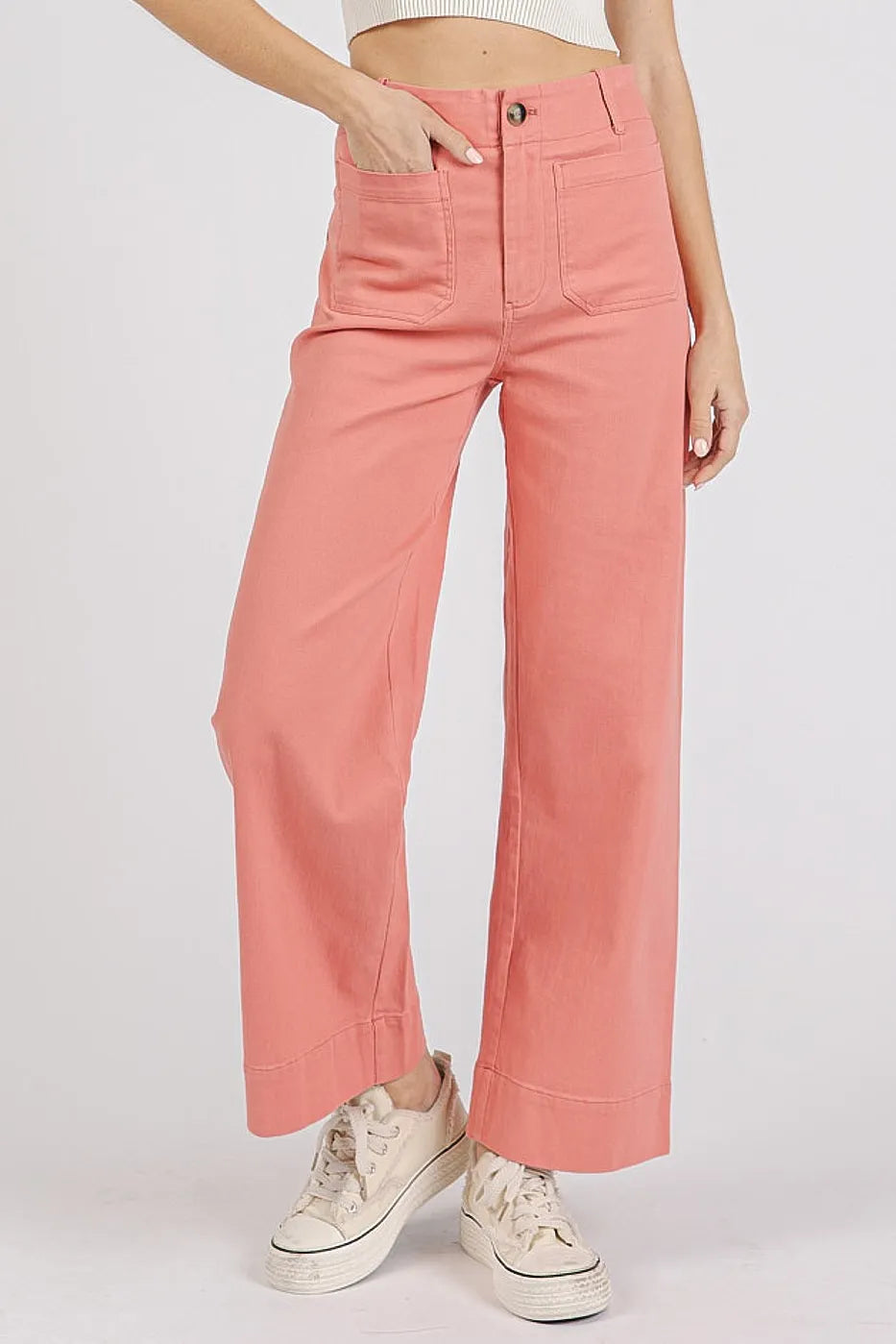 Mittoshop Twill Patch Pocket High Rise Wide Leg Pants - Women Pants by Trendsi | Available at Handbags Specialist Headquarter