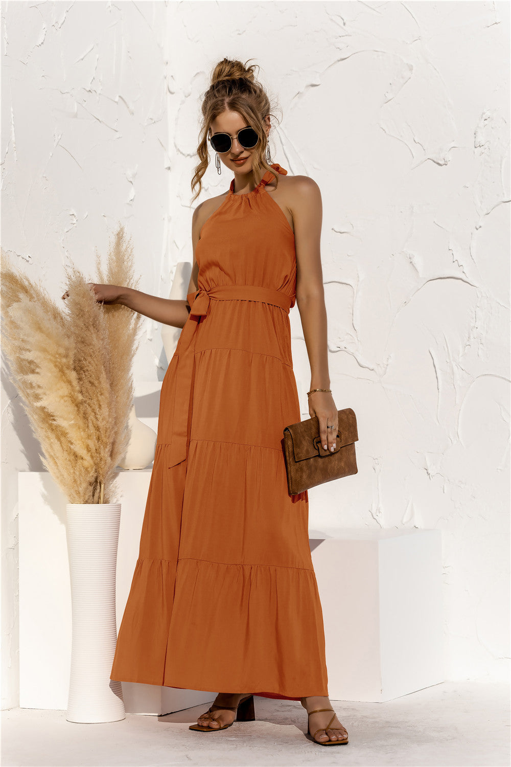 Halter Neck Tie Waist Tiered Maxi Dress - Maxi Dress by Trendsi | Available at Handbags Specialist Headquarter