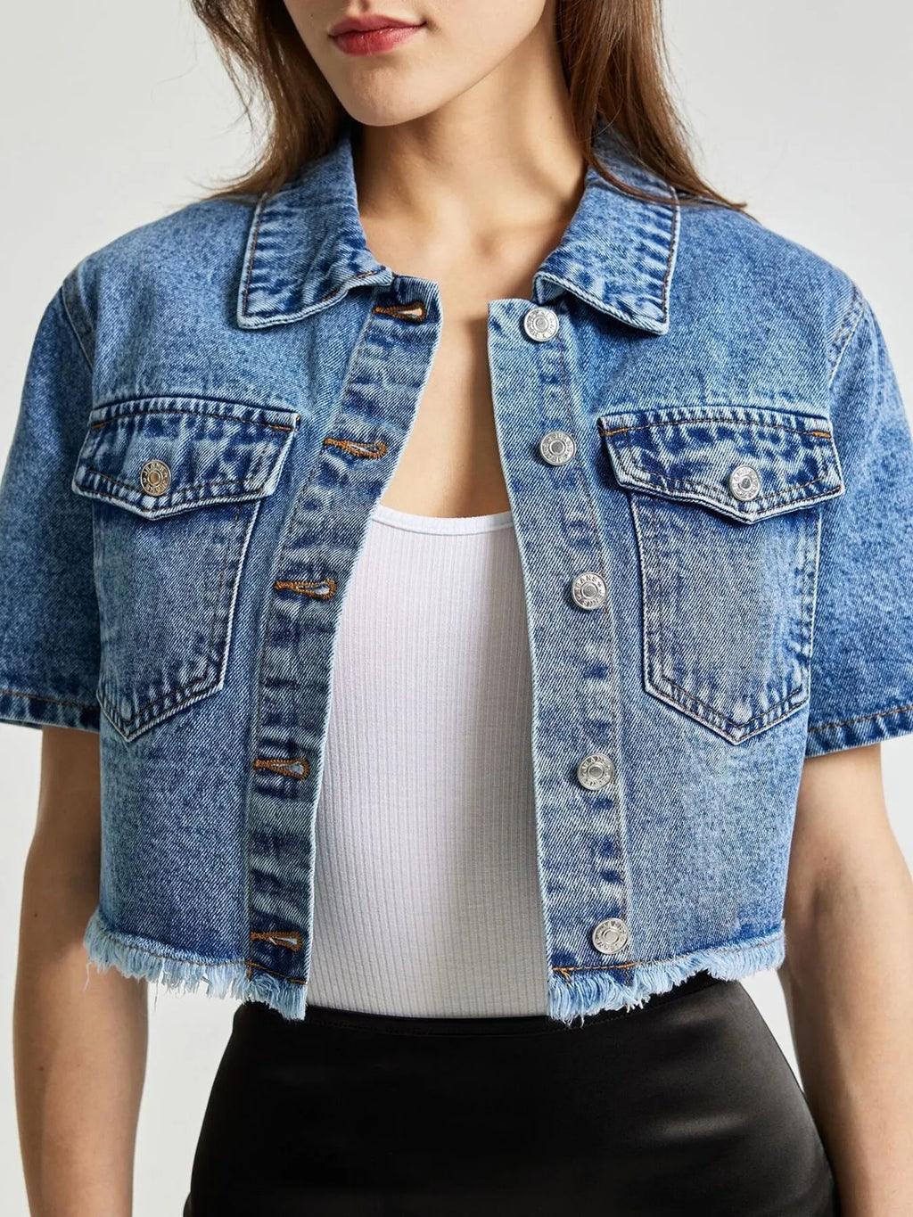Cropped Short Sleeve Denim Jacket with Frayed Hem - Women / Jeans & Denim by Trendsi | Available at Handbags Specialist Headquarter