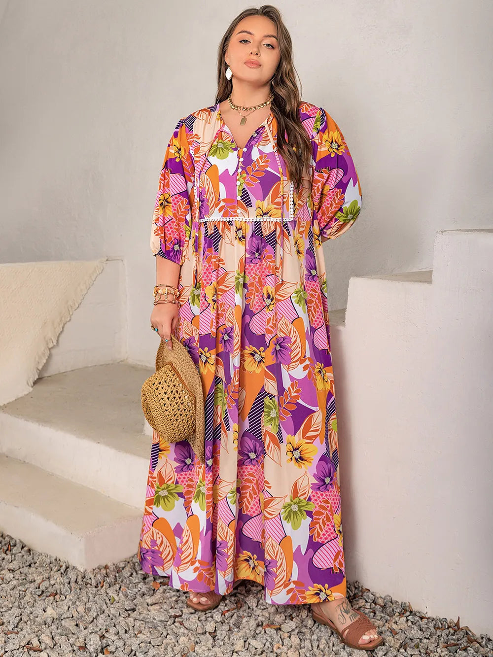 Plus Size Printed Tie Neck Maxi Dress - Dresses by Trendsi | Available at Handbags Specialist Headquarter