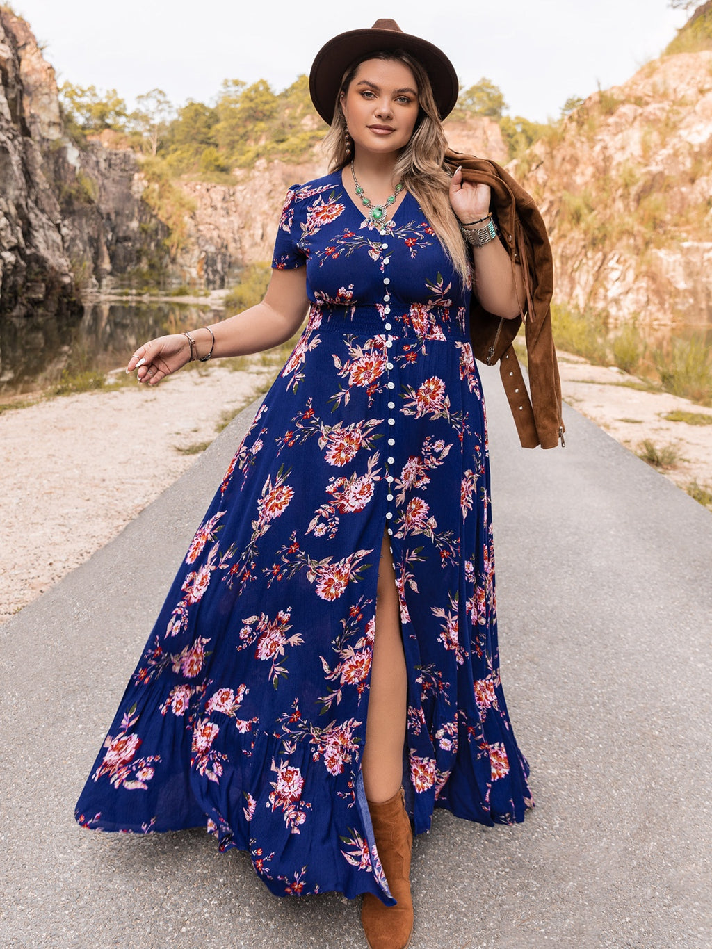 Plus Size V-Neck Maxi Dress - Dresses by Trendsi | Available at Handbags Specialist Headquarter