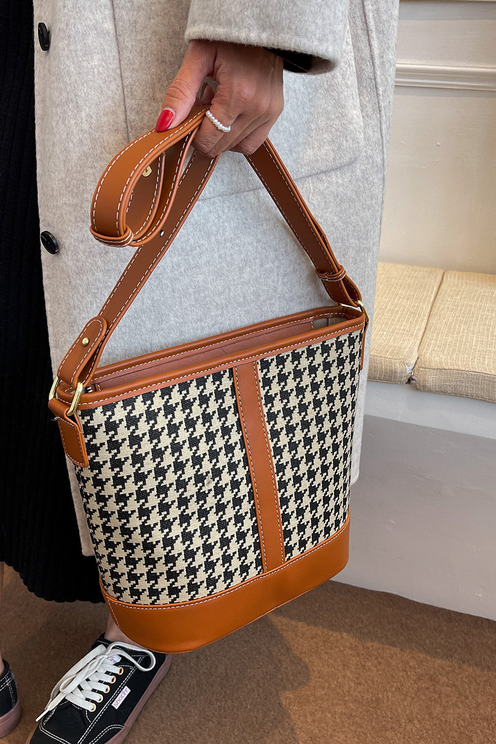 Houndstooth PU Leather Shoulder Bag - Tote Bag by Trendsi | Available at Handbags Specialist Headquarter
