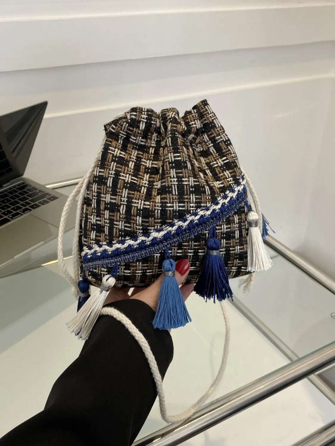 Tassel Trim Woven Bucket Crossbody Bag - Crossbody Bag by Trendsi | Available at Handbags Specialist Headquarter