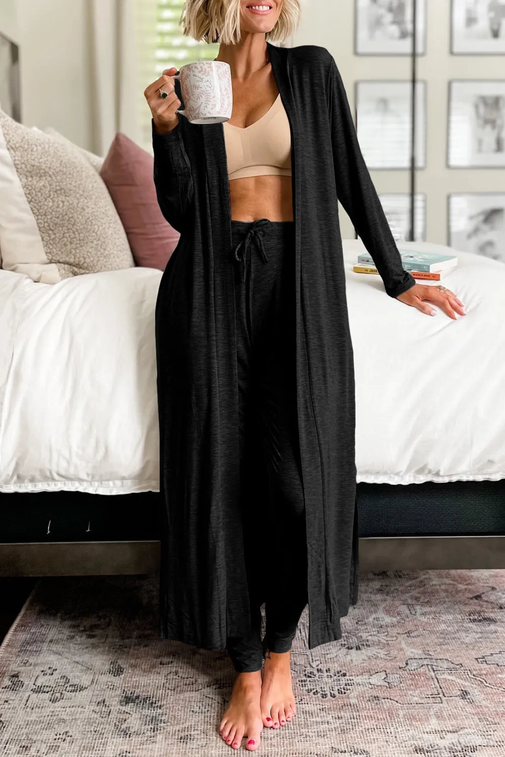 Open Front Long Sleeve Cardigan and Pants Lounge Set - Sleepwear by Trendsi | Available at Handbags Specialist Headquarter