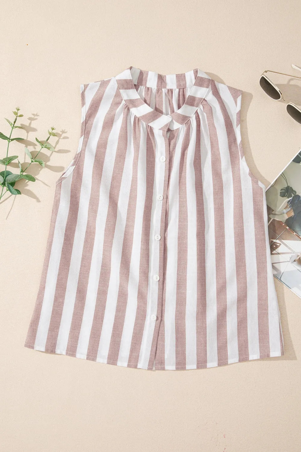 Stripe Button Down Sleeveless Shirt - Women's Down Shirt Tops by Trendsi | Available at Handbags Specialist Headquarter