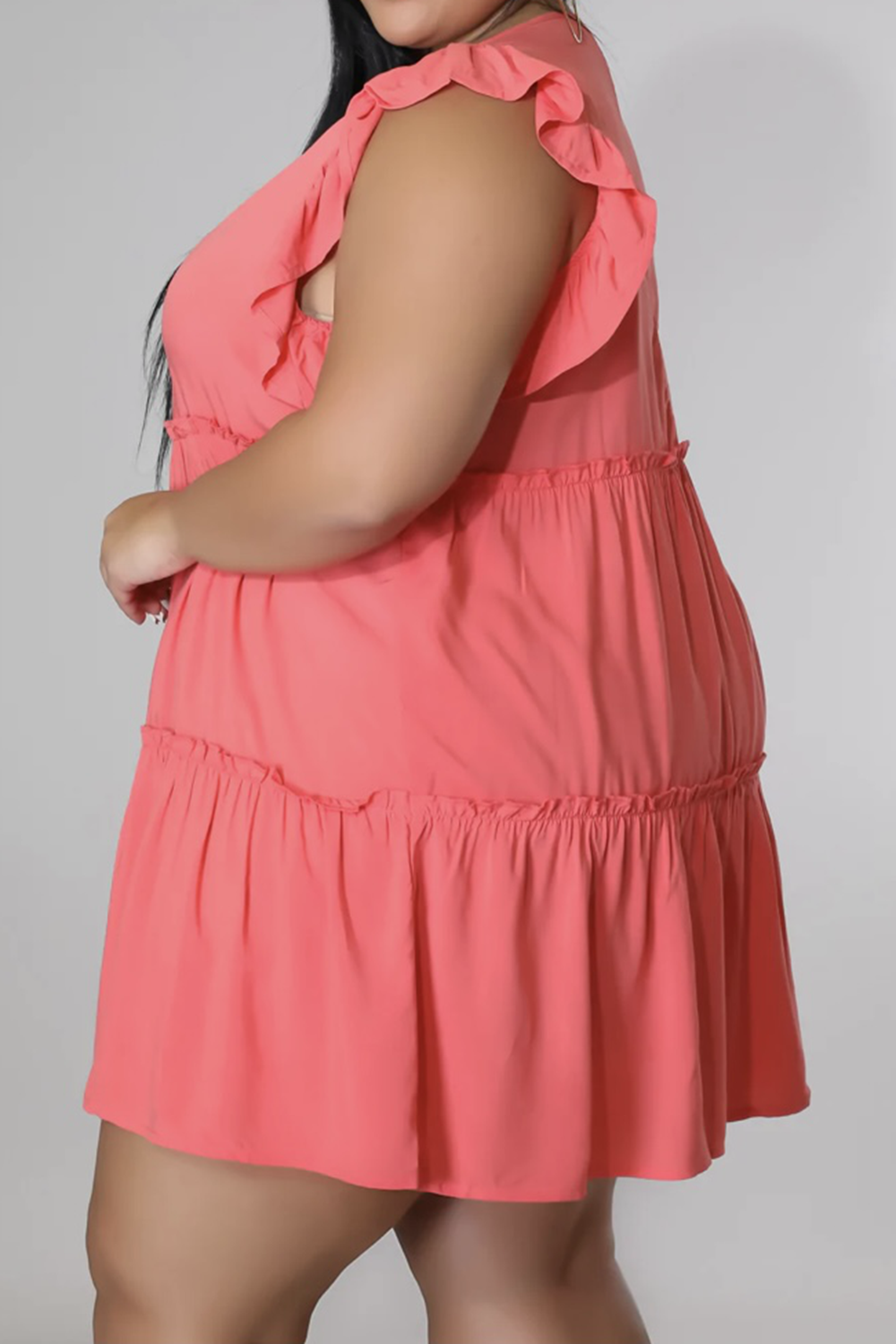 Plus Size V-Neck Frill Trim Mini Dress - Dresses by Trendsi | Available at Handbags Specialist Headquarter