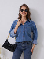 Pocketed Striped Button Up Denim Shirt - Women / Jeans & Denim by Trendsi | Available at Handbags Specialist Headquarter