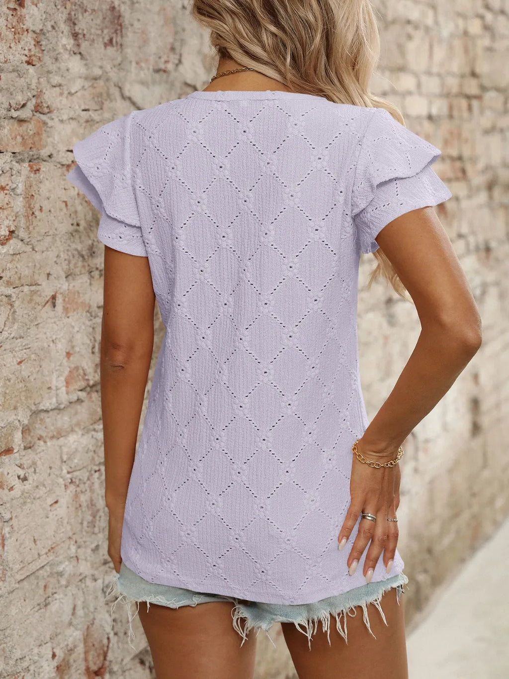 Eyelet V-Neck Ruffled Cap Sleeve Top - Tops by Trendsi | Available at Handbags Specialist Headquarter