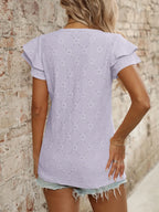 Eyelet V-Neck Ruffled Cap Sleeve Top - Tops by Trendsi | Available at Handbags Specialist Headquarter