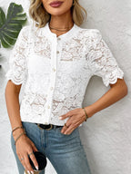 Button Down Half Sleeve Lace Shirt - Women's Down Shirt Tops by Trendsi | Available at Handbags Specialist Headquarter