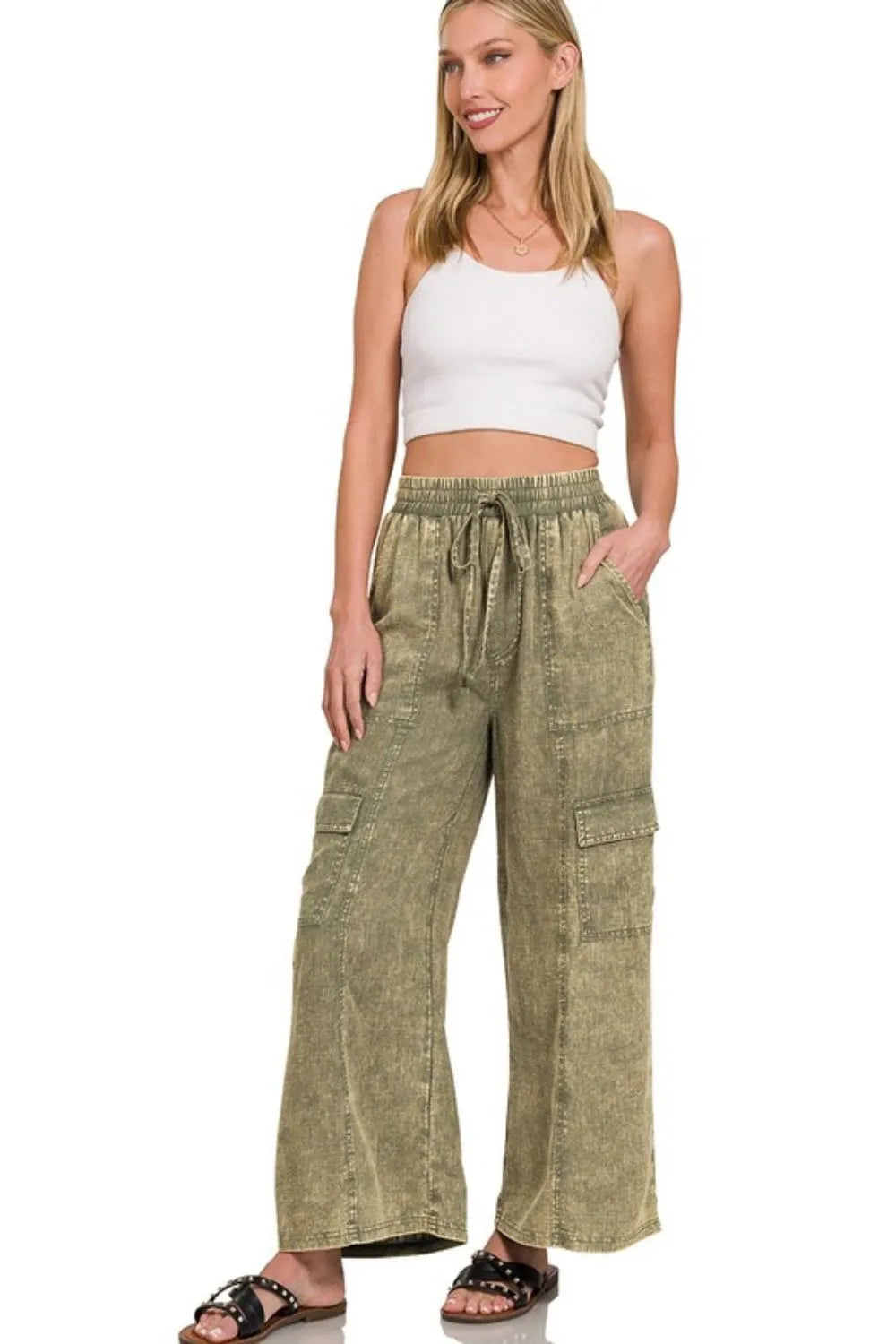 Zenana Washed Linen Elastic Band Waist Cargo Pants - Women Pants by Trendsi | Available at Handbags Specialist Headquarter
