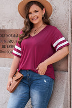 Plus Size Striped V-Neck Tee Shirt - Plus Size Shirts by Trendsi | Available at Handbags Specialist Headquarter
