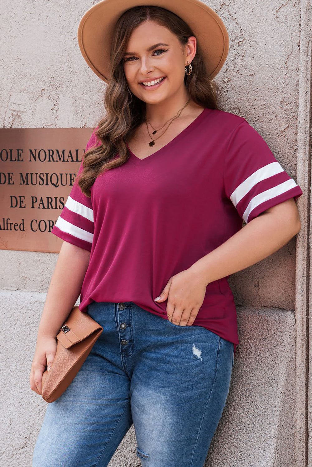 Plus Size Striped V-Neck Tee Shirt - Plus Size Shirts by Trendsi | Available at Handbags Specialist Headquarter
