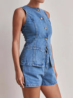 Button Down Vest and Shorts Denim Set - Women / Jeans & Denim by Trendsi | Available at Handbags Specialist Headquarter