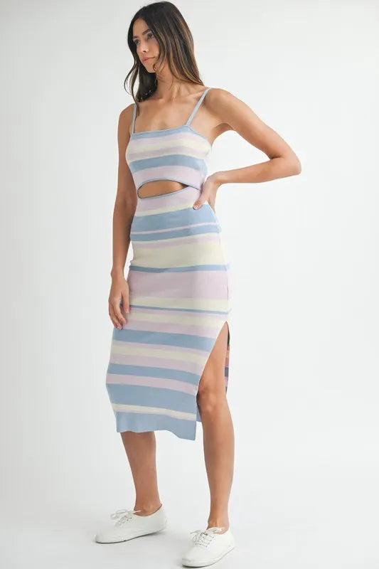 MABLE Multi Color Striped Front Cutout Knit Midi Dress - Maxi Dress by Trendsi | Available at Handbags Specialist Headquarter