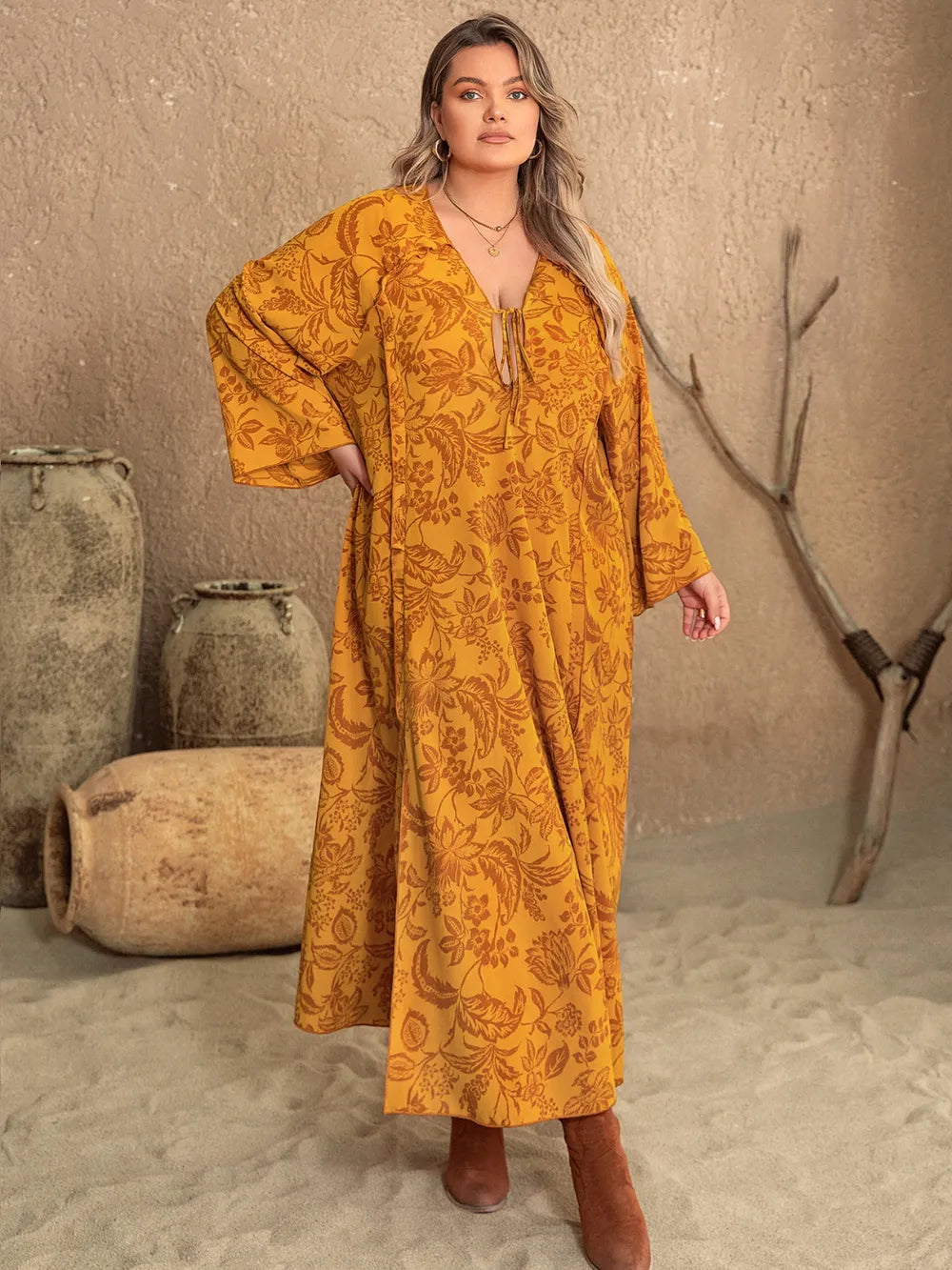 Plus Size Printed Slit Long Sleeve Dress - Dresses by Trendsi | Available at Handbags Specialist Headquarter