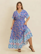 Plus Size Smocked Printed Half Sleeve Midi Dress - Dresses by Trendsi | Available at Handbags Specialist Headquarter