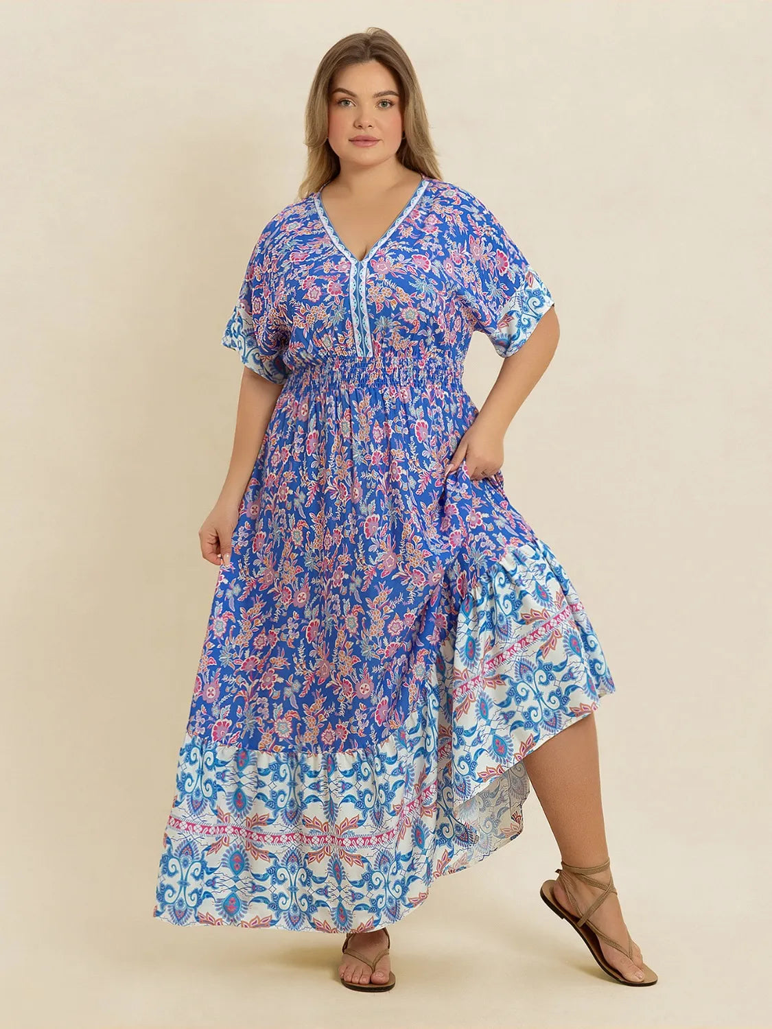 Plus Size Smocked Printed Half Sleeve Midi Dress - Dresses by Trendsi | Available at Handbags Specialist Headquarter
