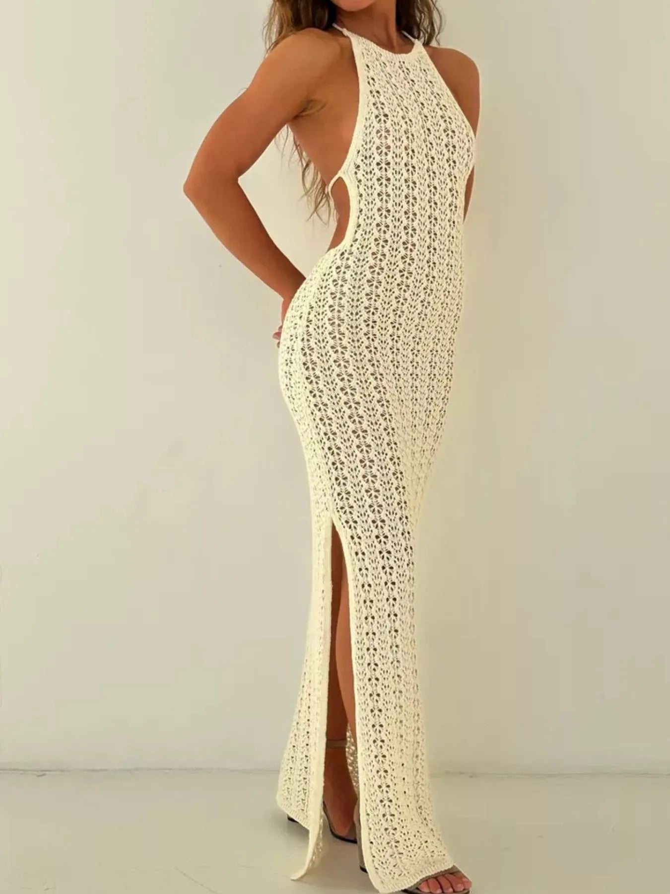 Crochet Halter Neck Bodycon Knit Cover Up Dress - Maxi Dress by Trendsi | Available at Handbags Specialist Headquarter